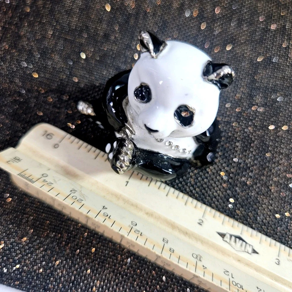 Panda Bear Hinged Trinket Box Enamel Rhinestone‎ Crystal Bejeweled Black White